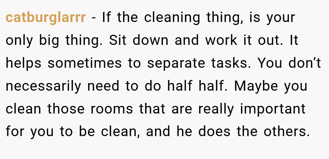 catburglarrr − If the cleaning thing, is your only big thing. Sit down and work it out. It helps sometimes to separate tasks. You don’t necessarily need to do half half. Maybe you clean those rooms that are really important for you to be clean, and he does the others.