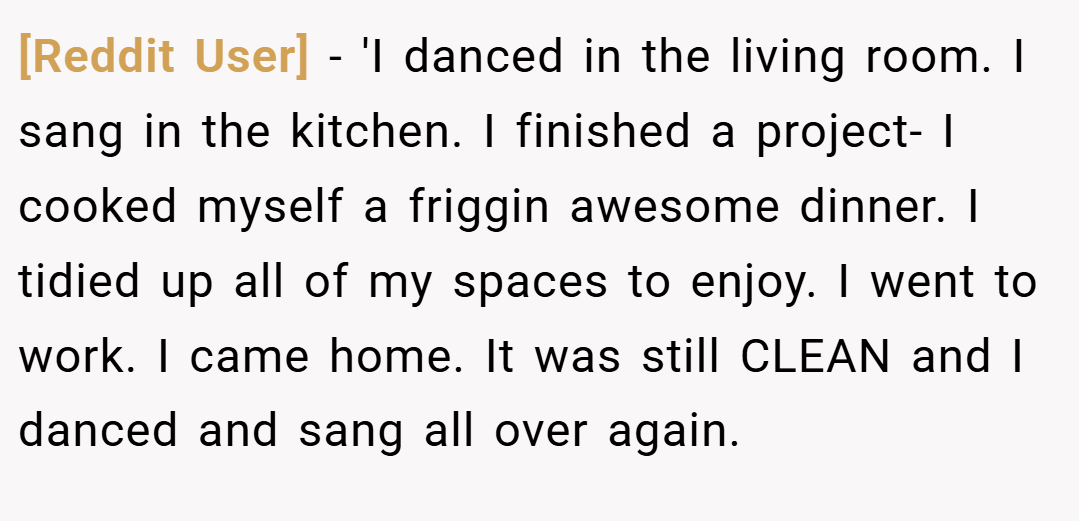 [Reddit User] − 'I danced in the living room. I sang in the kitchen. I finished a project- I cooked myself a friggin awesome dinner. I tidied up all of my spaces to enjoy. I went to work. I came home. It was still CLEAN and I danced and sang all over again.