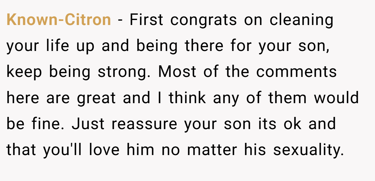 Known-Citron − First congrats on cleaning your life up and being there for your son, keep being strong. Most of the comments here are great and I think any of them would be fine. Just reassure your son its ok and that you'll love him no matter his sexuality.
