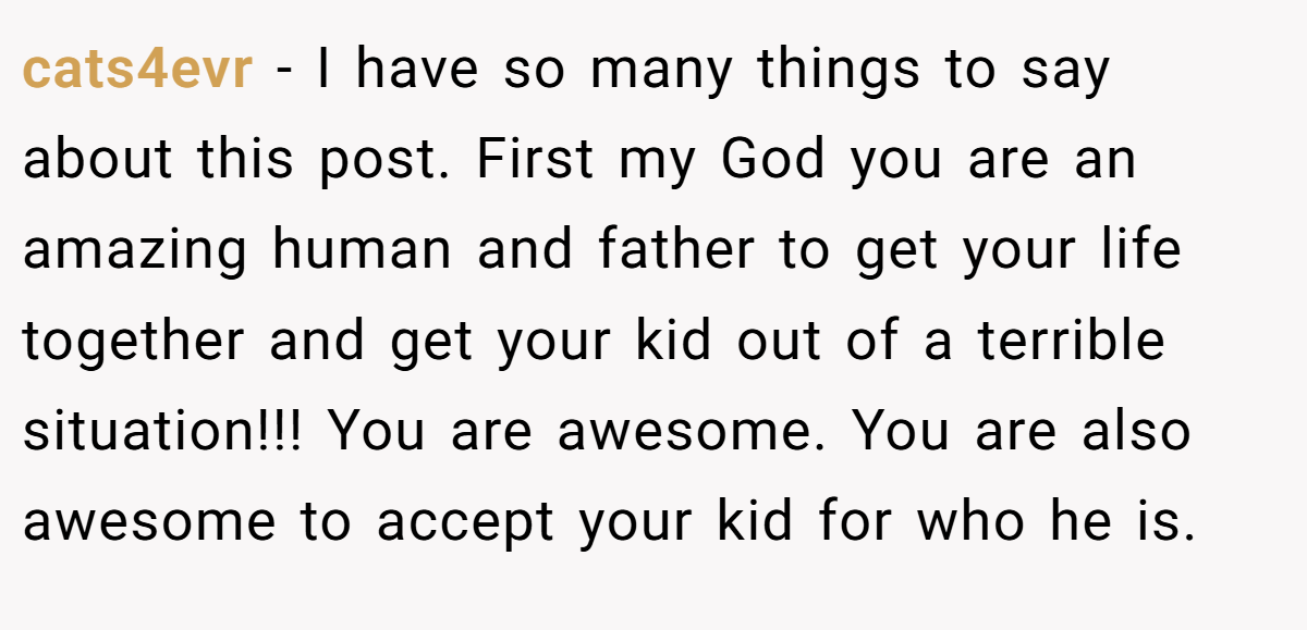 cats4evr − I have so many things to say about this post. First my God you are an amazing human and father to get your life together and get your kid out of a terrible situation!!! You are awesome. You are also awesome to accept your kid for who he is.