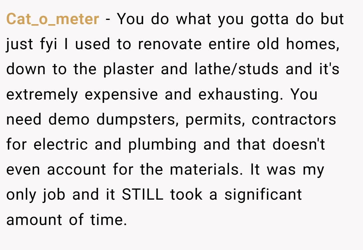 Cat_o_meter − You do what you gotta do but just fyi I used to renovate entire old homes, down to the plaster and lathe/studs and it's extremely expensive and exhausting. You need demo dumpsters, permits, contractors for electric and plumbing and that doesn't even account for the materials. It was my only job and it STILL took a significant amount of time.