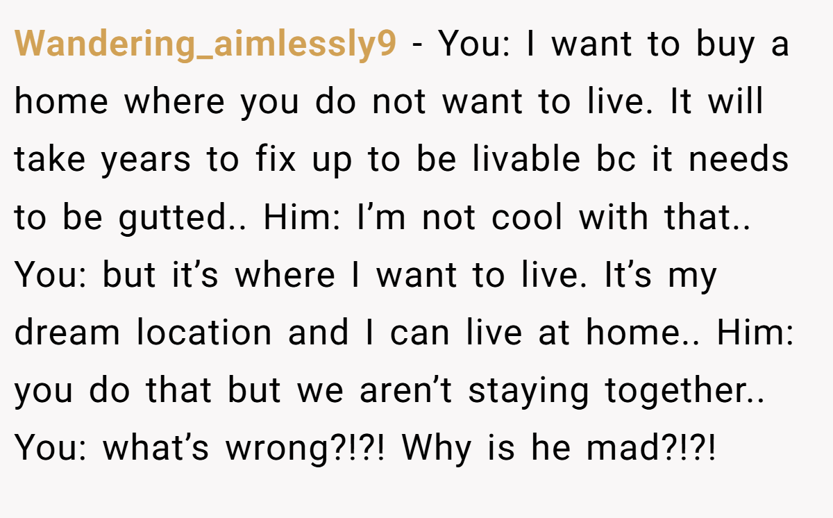 Wandering_aimlessly9 − You: I want to buy a home where you do not want to live. It will take years to fix up to be livable bc it needs to be gutted.. Him: I’m not cool with that.. You: but it’s where I want to live. It’s my dream location and I can live at home.. Him: you do that but we aren’t staying together.. You: what’s wrong?!?! Why is he mad?!?!