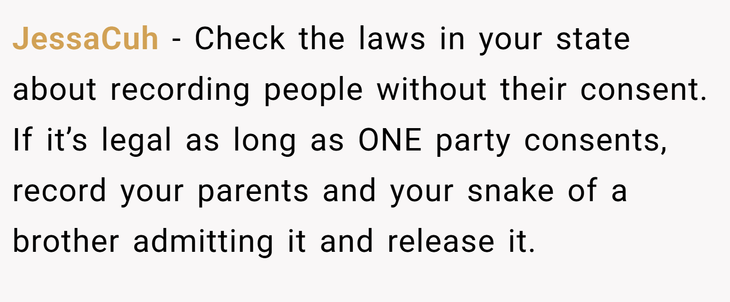 JessaCuh − Check the laws in your state about recording people without their consent. If it’s legal as long as ONE party consents, record your parents and your snake of a brother admitting it and release it.