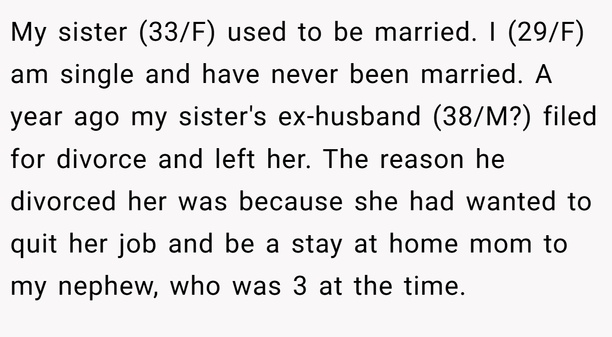 My sister (33/F) used to be married. I (29/F) am single and have never been married. A year ago my sister's ex-husband (38/M?) filed for divorce and left her. The reason he divorced her was because she had wanted to quit her job and be a stay at home mom to my nephew, who was 3 at the time.