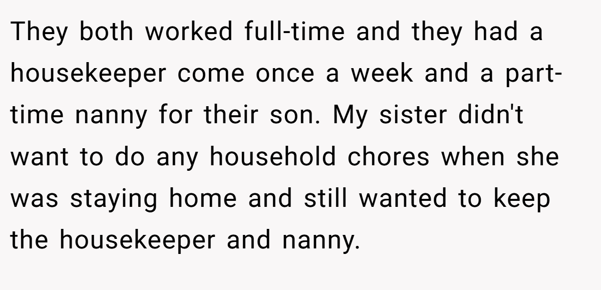 They both worked full-time and they had a housekeeper come once a week and a part-time nanny for their son. My sister didn't want to do any household chores when she was staying home and still wanted to keep the housekeeper and nanny.