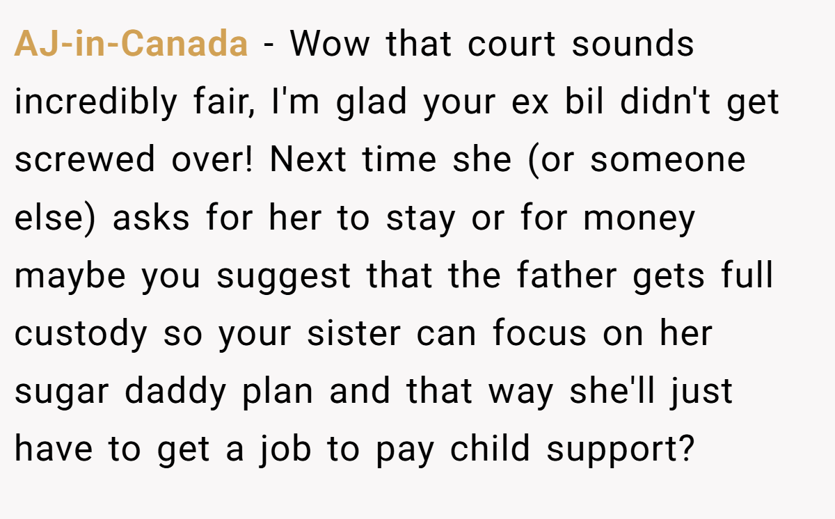 AJ-in-Canada − Wow that court sounds incredibly fair, I'm glad your ex bil didn't get screwed over! Next time she (or someone else) asks for her to stay or for money maybe you suggest that the father gets full custody so your sister can focus on her sugar daddy plan and that way she'll just have to get a job to pay child support?