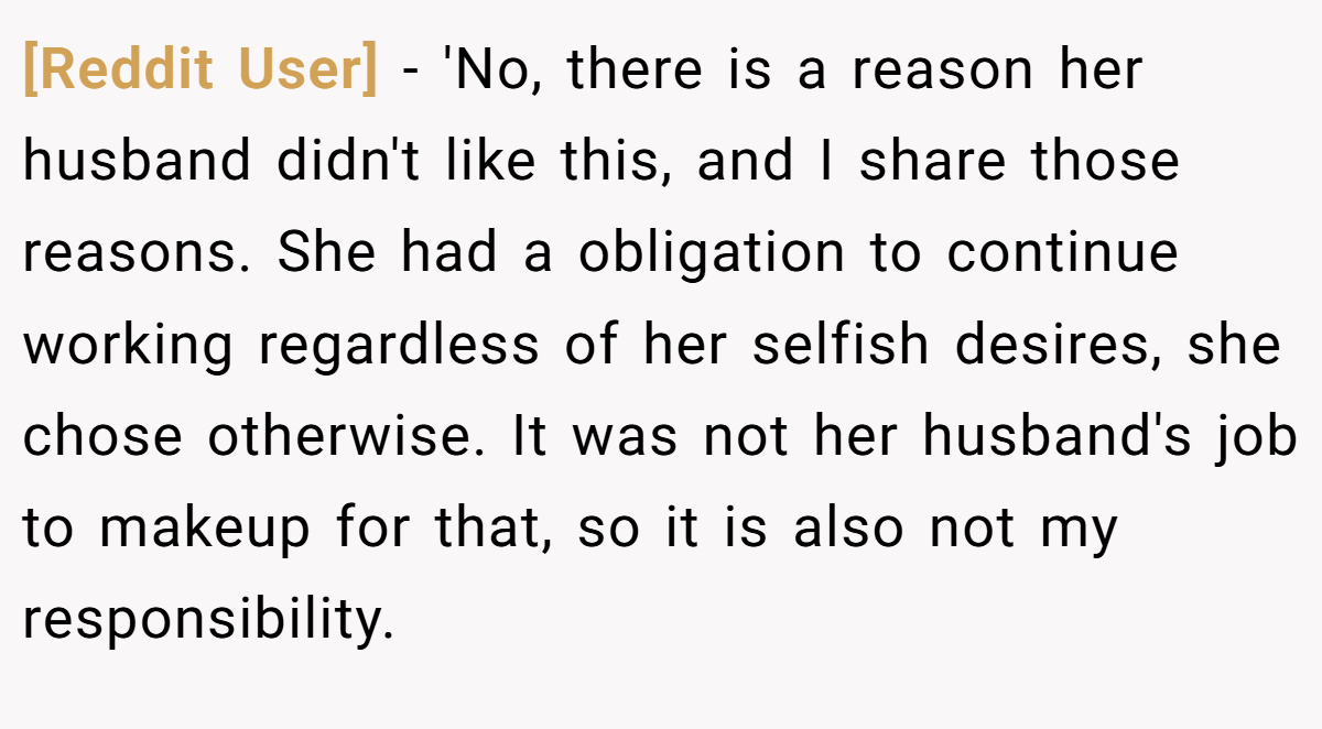 [Reddit User] − 'No, there is a reason her husband didn't like this, and I share those reasons. She had a obligation to continue working regardless of her selfish desires, she chose otherwise. It was not her husband's job to makeup for that, so it is also not my responsibility.