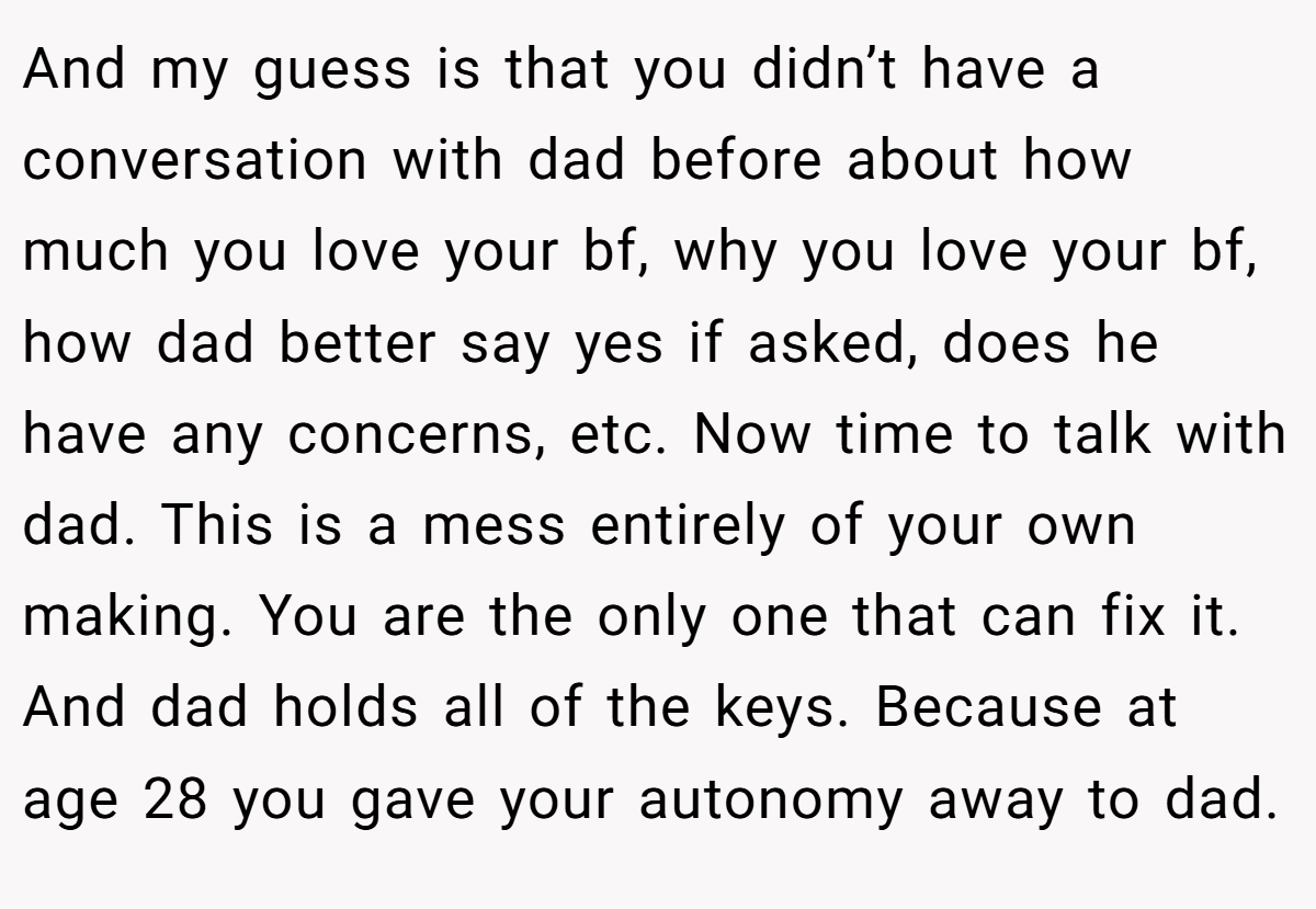 And my guess is that you didn’t have a conversation with dad before about how much you love your bf, why you love your bf, how dad better say yes if asked, does he have any concerns, etc. Now time to talk with dad. This is a mess entirely of your own making. You are the only one that can fix it. And dad holds all of the keys. Because at age 28 you gave your autonomy away to dad.