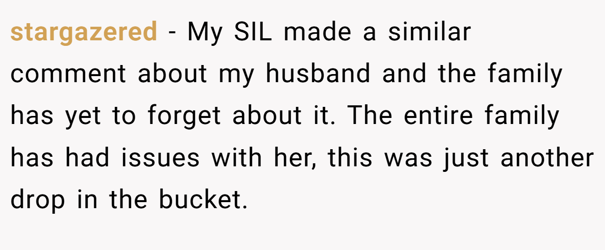 stargazered − My SIL made a similar comment about my husband and the family has yet to forget about it. The entire family has had issues with her, this was just another drop in the bucket.