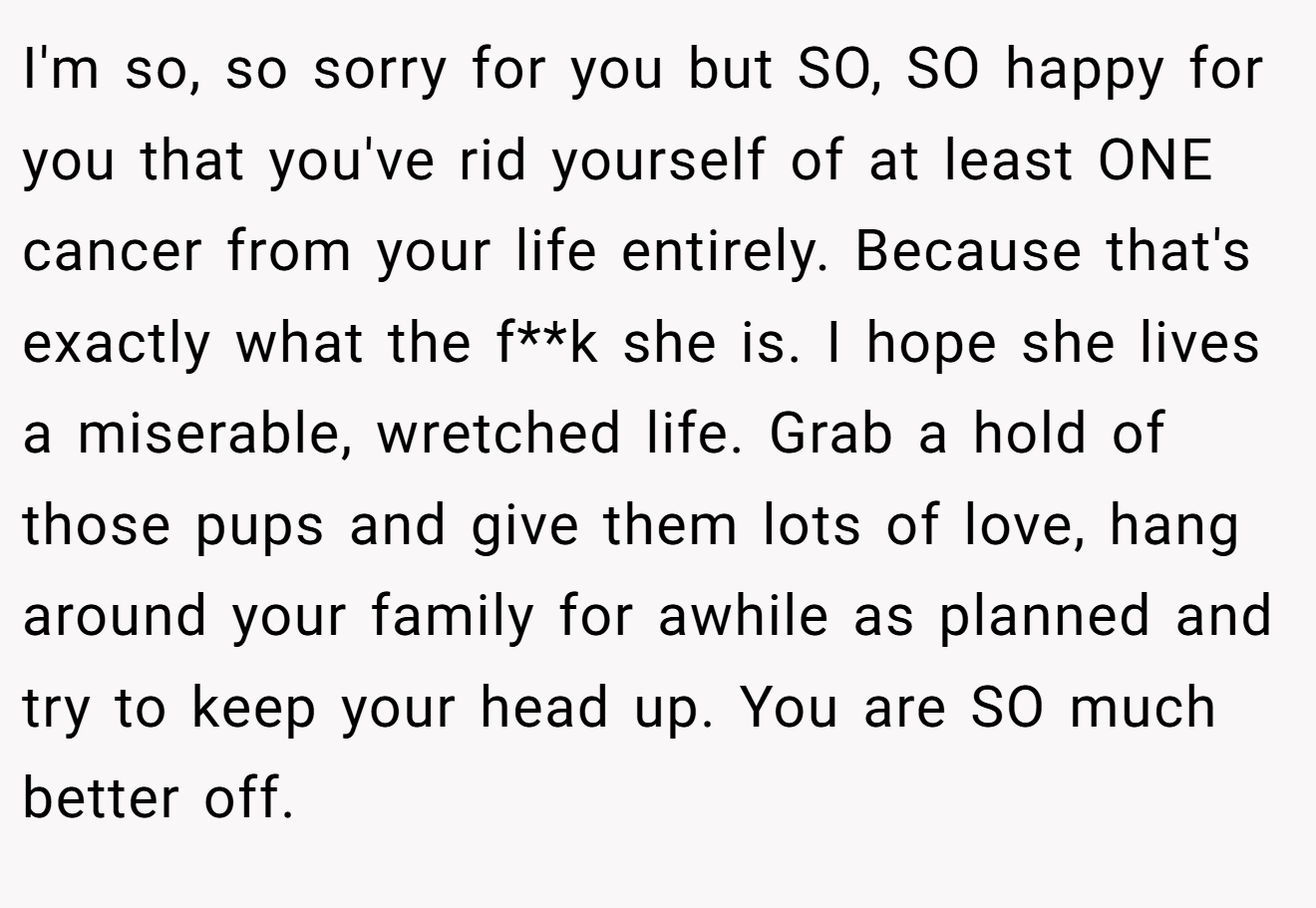 I'm so, so sorry for you but SO, SO happy for you that you've rid yourself of at least ONE cancer from your life entirely. Because that's exactly what the f**k she is. I hope she lives a miserable, wretched life. Grab a hold of those pups and give them lots of love, hang around your family for awhile as planned and try to keep your head up. You are SO much better off.