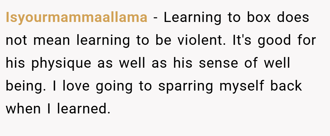 Isyourmammaallama − Learning to box does not mean learning to be violent. It's good for his physique as well as his sense of well being. I love going to sparring myself back when I learned.