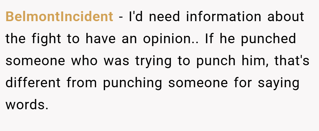 BelmontIncident − I'd need information about the fight to have an opinion.. If he punched someone who was trying to punch him, that's different from punching someone for saying words.