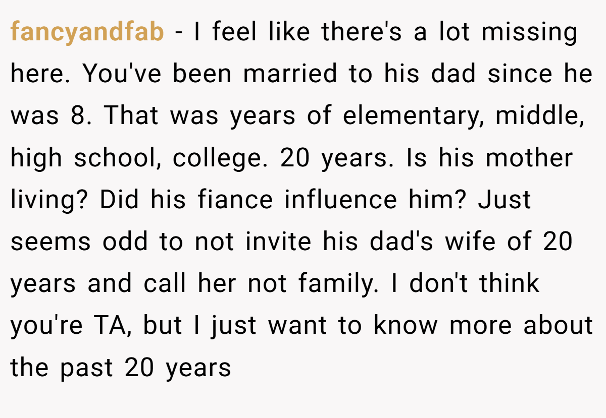 fancyandfab − I feel like there's a lot missing here. You've been married to his dad since he was 8. That was years of elementary, middle, high school, college. 20 years. Is his mother living? Did his fiance influence him? Just seems odd to not invite his dad's wife of 20 years and call her not family. I don't think you're TA, but I just want to know more about the past 20 years