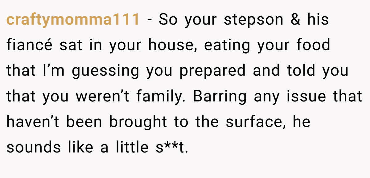 craftymomma111 − So your stepson & his fiancé sat in your house, eating your food that I’m guessing you prepared and told you that you weren’t family. Barring any issue that haven’t been brought to the surface, he sounds like a little s**t.