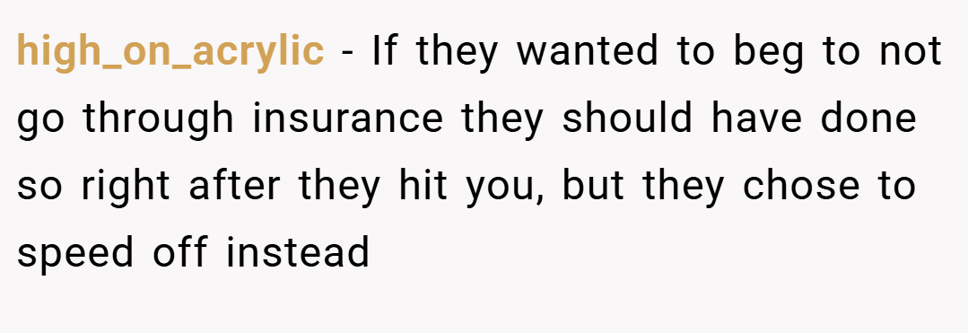 high_on_acrylic − If they wanted to beg to not go through insurance they should have done so right after they hit you, but they chose to speed off instead