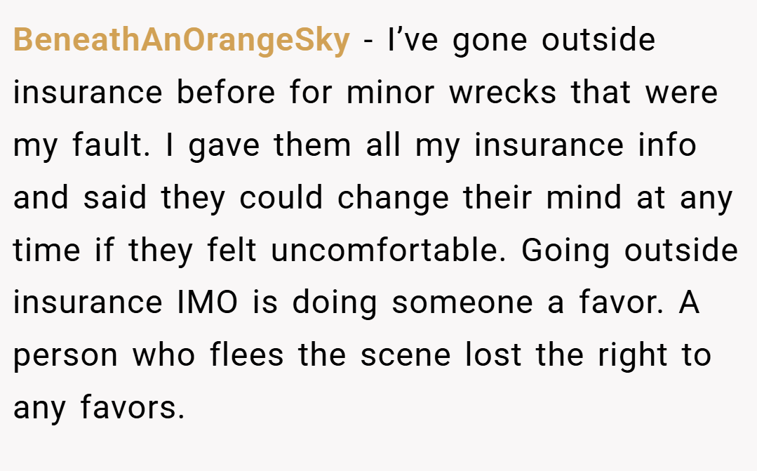 BeneathAnOrangeSky − I’ve gone outside insurance before for minor wrecks that were my fault. I gave them all my insurance info and said they could change their mind at any time if they felt uncomfortable. Going outside insurance IMO is doing someone a favor. A person who flees the scene lost the right to any favors.