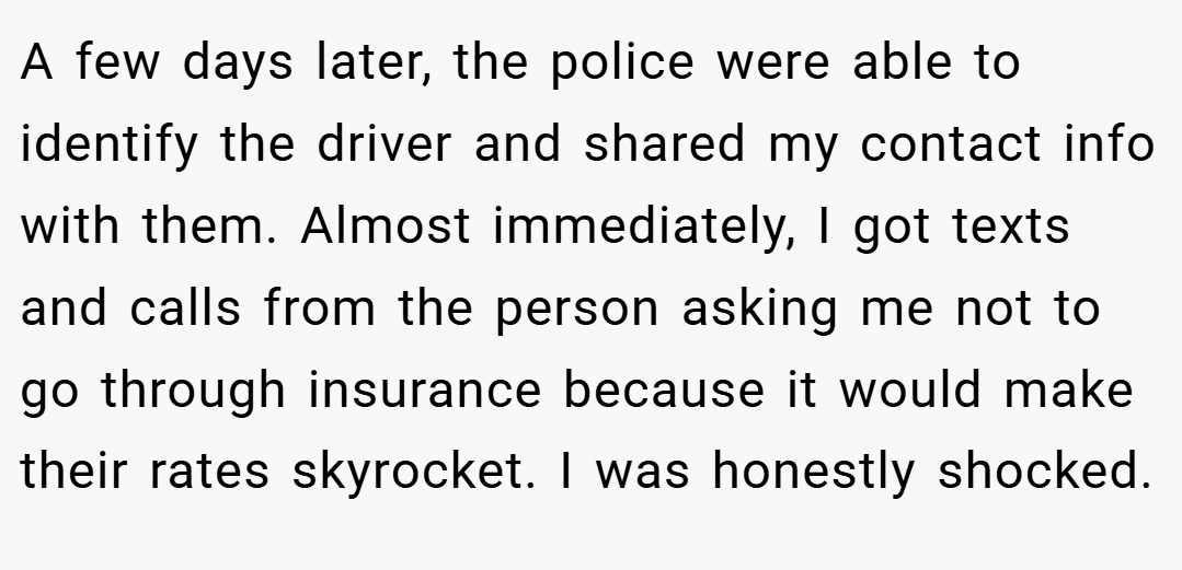 A few days later, the police were able to identify the driver and shared my contact info with them. Almost immediately, I got texts and calls from the person asking me not to go through insurance because it would make their rates skyrocket. I was honestly shocked.