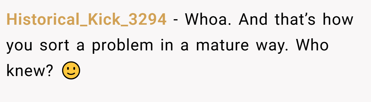 Historical_Kick_3294 − Whoa. And that’s how you sort a problem in a mature way. Who knew? 🙂