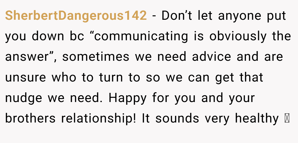 SherbertDangerous142 − Don’t let anyone put you down bc “communicating is obviously the answer”, sometimes we need advice and are unsure who to turn to so we can get that nudge we need. Happy for you and your brothers relationship! It sounds very healthy 🩷