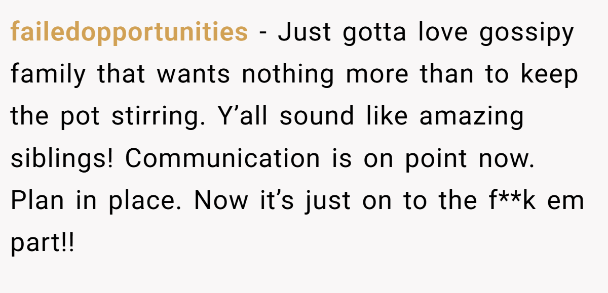 failedopportunities − Just gotta love gossipy family that wants nothing more than to keep the pot stirring. Y’all sound like amazing siblings! Communication is on point now. Plan in place. Now it’s just on to the f**k em part!!