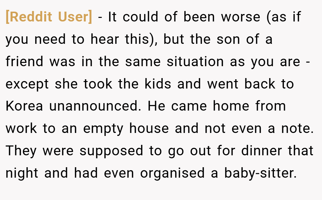 [Reddit User] − It could of been worse (as if you need to hear this), but the son of a friend was in the same situation as you are - except she took the kids and went back to Korea unannounced. He came home from work to an empty house and not even a note. They were supposed to go out for dinner that night and had even organised a baby-sitter.