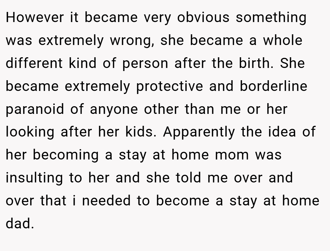 However it became very obvious something was extremely wrong, she became a whole different kind of person after the birth. She became extremely protective and borderline paranoid of anyone other than me or her looking after her kids. Apparently the idea of her becoming a stay at home mom was insulting to her and she told me over and over that i needed to become a stay at home dad.