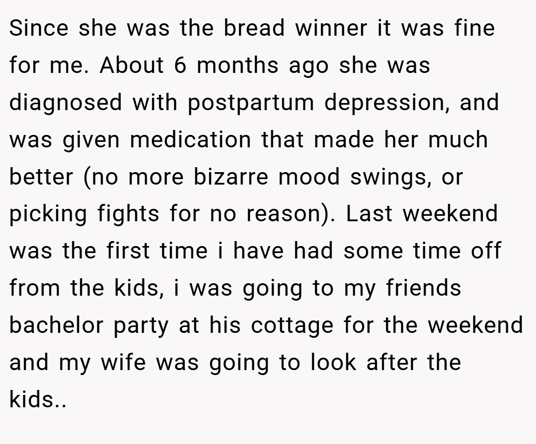 Since she was the bread winner it was fine for me. About 6 months ago she was diagnosed with postpartum depression, and was given medication that made her much better (no more bizarre mood swings, or picking fights for no reason). Last weekend was the first time i have had some time off from the kids, i was going to my friends bachelor party at his cottage for the weekend and my wife was going to look after the kids..