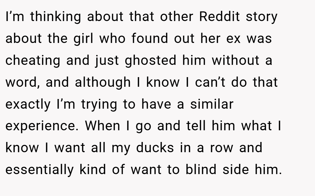 I’m thinking about that other Reddit story about the girl who found out her ex was cheating and just ghosted him without a word, and although I know I can’t do that exactly I’m trying to have a similar experience. When I go and tell him what I know I want all my ducks in a row and essentially kind of want to blind side him.