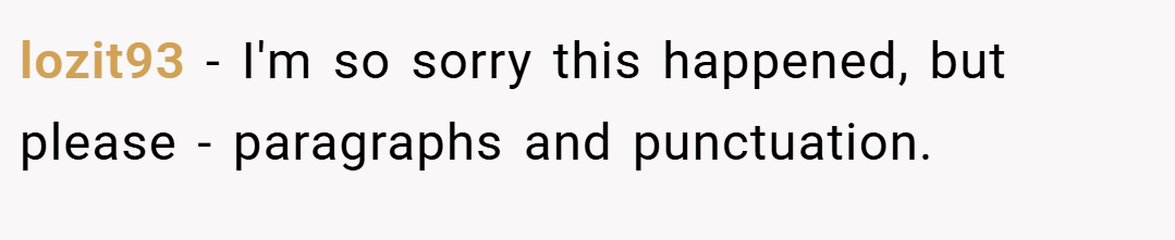 lozit93 − I'm so sorry this happened, but please - paragraphs and punctuation.