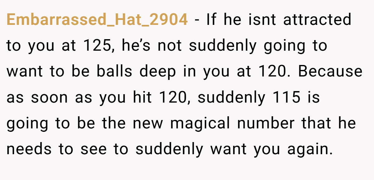 Embarrassed_Hat_2904 − If he isnt attracted to you at 125, he’s not suddenly going to want to be balls deep in you at 120. Because as soon as you hit 120, suddenly 115 is going to be the new magical number that he needs to see to suddenly want you again.