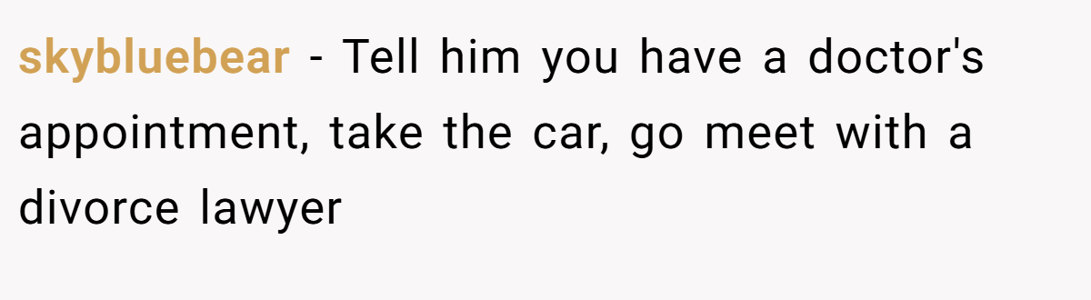 skybluebear − Tell him you have a doctor's appointment, take the car, go meet with a divorce lawyer