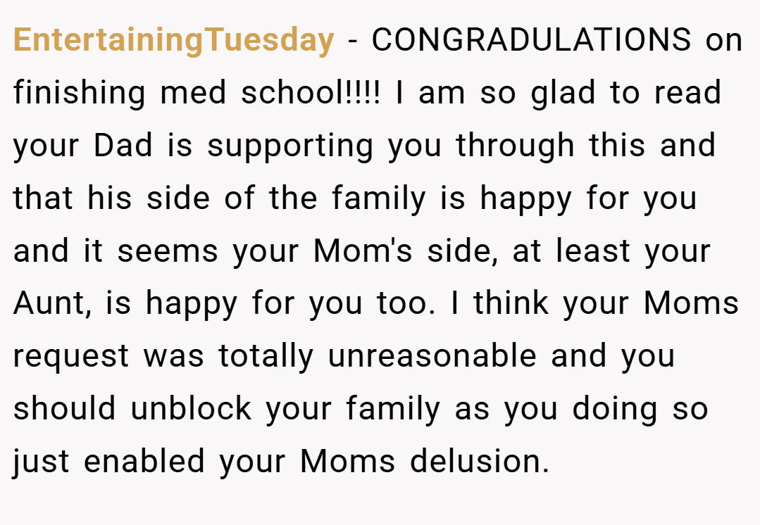 EntertainingTuesday − CONGRADULATIONS on finishing med school!!!! I am so glad to read your Dad is supporting you through this and that his side of the family is happy for you and it seems your Mom's side, at least your Aunt, is happy for you too. I think your Moms request was totally unreasonable and you should unblock your family as you doing so just enabled your Moms delusion.