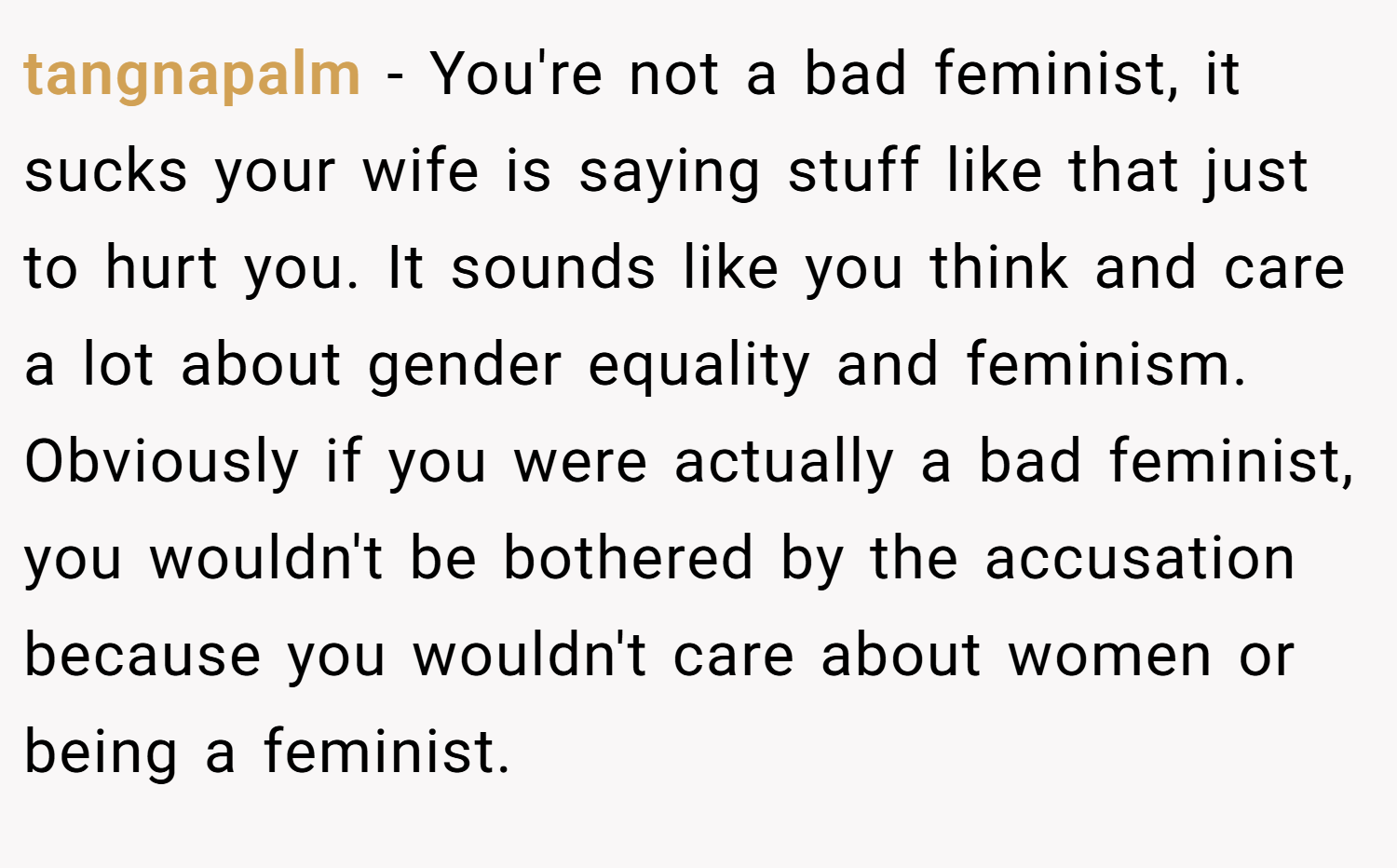 tangnapalm − You're not a bad feminist, it sucks your wife is saying stuff like that just to hurt you. It sounds like you think and care a lot about gender equality and feminism. Obviously if you were actually a bad feminist, you wouldn't be bothered by the accusation because you wouldn't care about women or being a feminist.