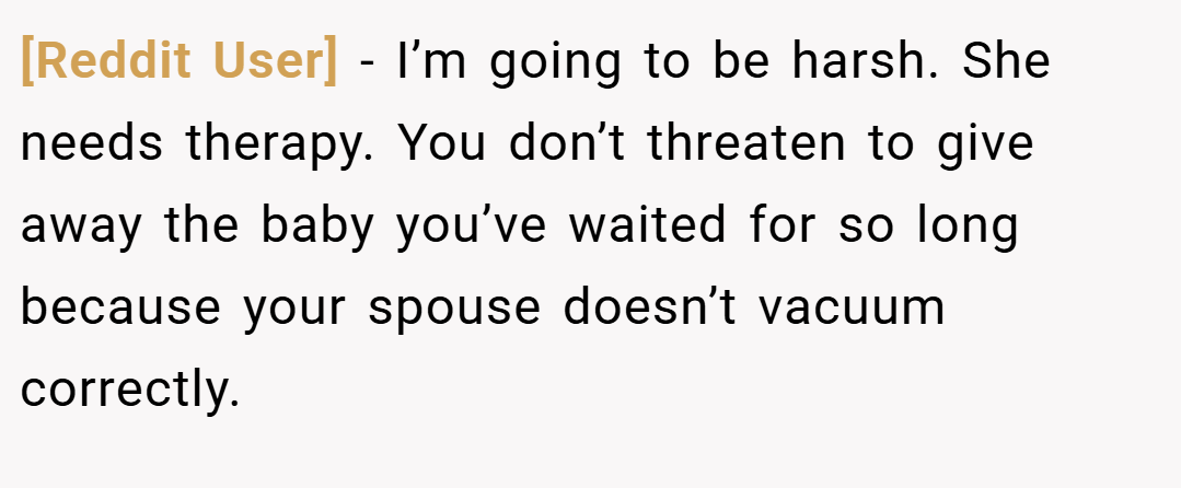 [Reddit User] − I’m going to be harsh. She needs therapy. You don’t threaten to give away the baby you’ve waited for so long because your spouse doesn’t vacuum correctly.