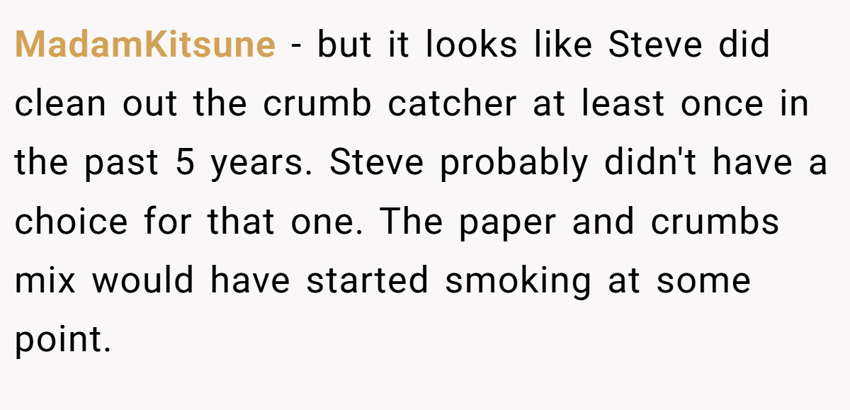 MadamKitsune − but it looks like Steve did clean out the crumb catcher at least once in the past 5 years. Steve probably didn't have a choice for that one. The paper and crumbs mix would have started smoking at some point.