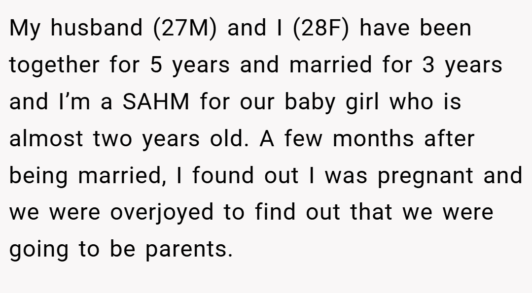 My husband (27M) and I (28F) have been together for 5 years and married for 3 years and I’m a SAHM for our baby girl who is almost two years old. A few months after being married, I found out I was pregnant and we were overjoyed to find out that we were going to be parents.