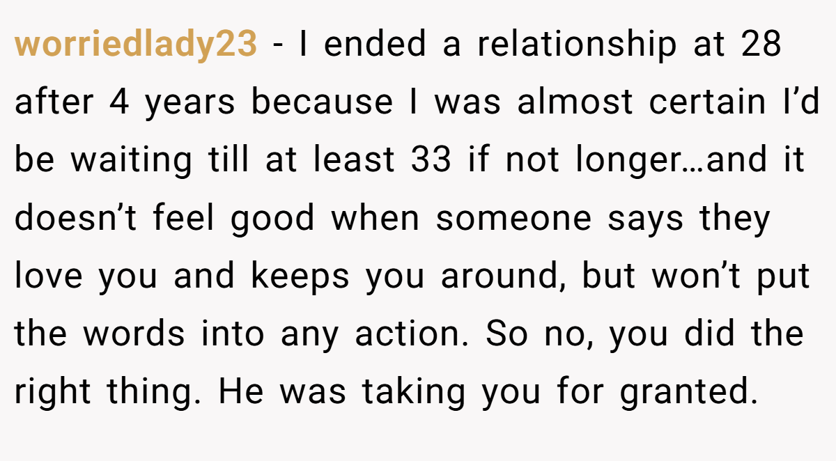 worriedlady23 − I ended a relationship at 28 after 4 years because I was almost certain I’d be waiting till at least 33 if not longer…and it doesn’t feel good when someone says they love you and keeps you around, but won’t put the words into any action. So no, you did the right thing. He was taking you for granted.