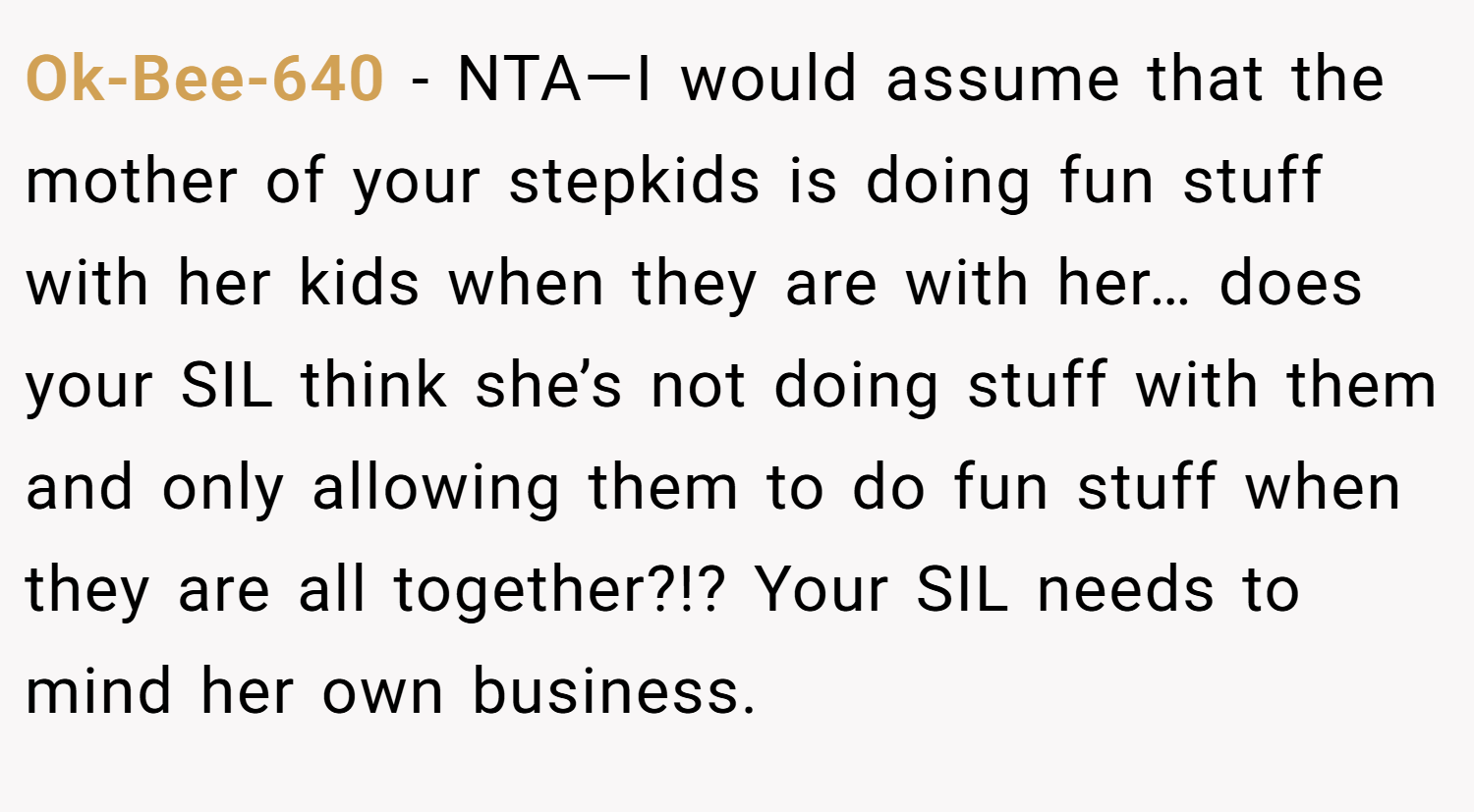 Ok-Bee-640 − NTA—I would assume that the mother of your stepkids is doing fun stuff with her kids when they are with her… does your SIL think she’s not doing stuff with them and only allowing them to do fun stuff when they are all together?!? Your SIL needs to mind her own business.