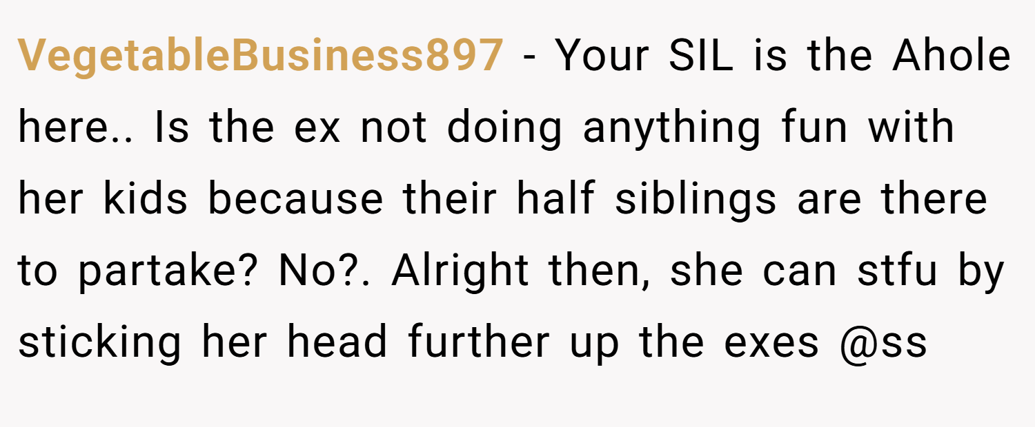 VegetableBusiness897 − Your SIL is the Ahole here.. Is the ex not doing anything fun with her kids because their half siblings are there to partake? No?. Alright then, she can stfu by sticking her head further up the exes @ss