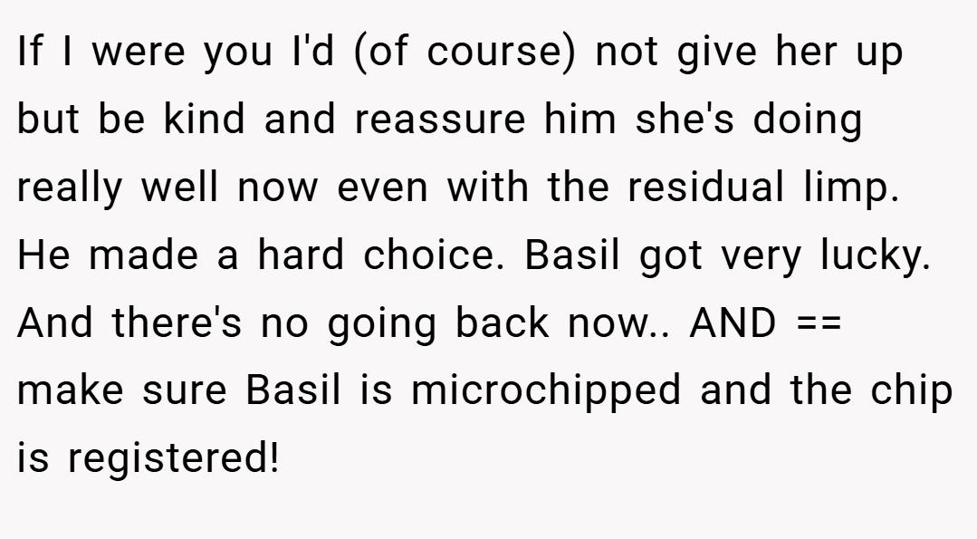 If I were you I'd (of course) not give her up but be kind and reassure him she's doing really well now even with the residual limp. He made a hard choice. Basil got very lucky. And there's no going back now.. AND == make sure Basil is microchipped and the chip is registered!