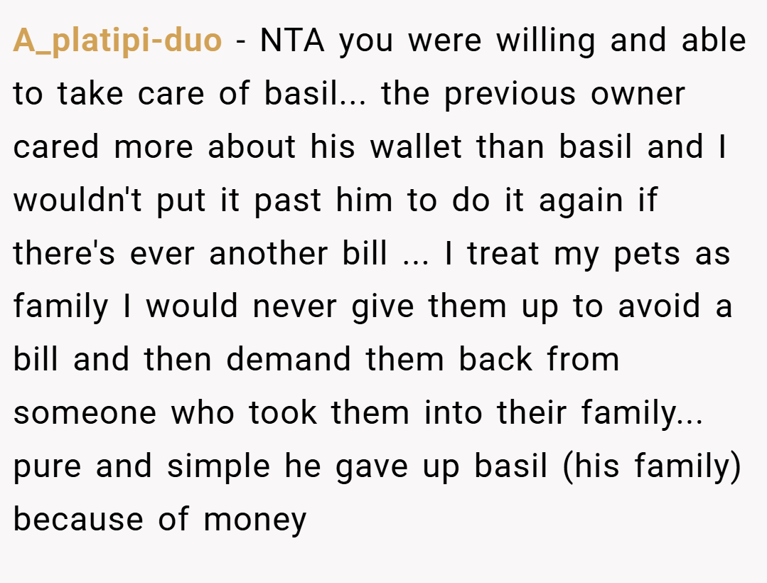 A_platipi-duo − NTA you were willing and able to take care of basil... the previous owner cared more about his wallet than basil and I wouldn't put it past him to do it again if there's ever another bill ... I treat my pets as family I would never give them up to avoid a bill and then demand them back from someone who took them into their family... pure and simple he gave up basil (his family) because of money