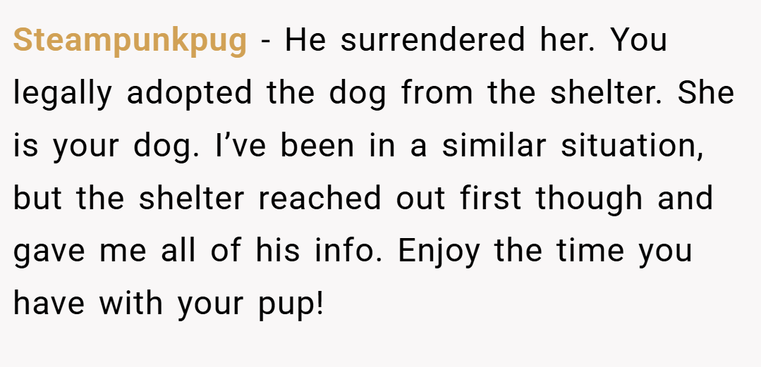 Steampunkpug − He surrendered her. You legally adopted the dog from the shelter. She is your dog. I’ve been in a similar situation, but the shelter reached out first though and gave me all of his info. Enjoy the time you have with your pup!
