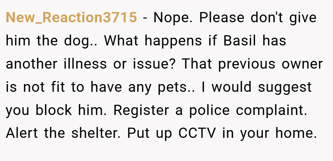 New_Reaction3715 − Nope. Please don't give him the dog.. What happens if Basil has another illness or issue? That previous owner is not fit to have any pets.. I would suggest you block him. Register a police complaint. Alert the shelter. Put up CCTV in your home.