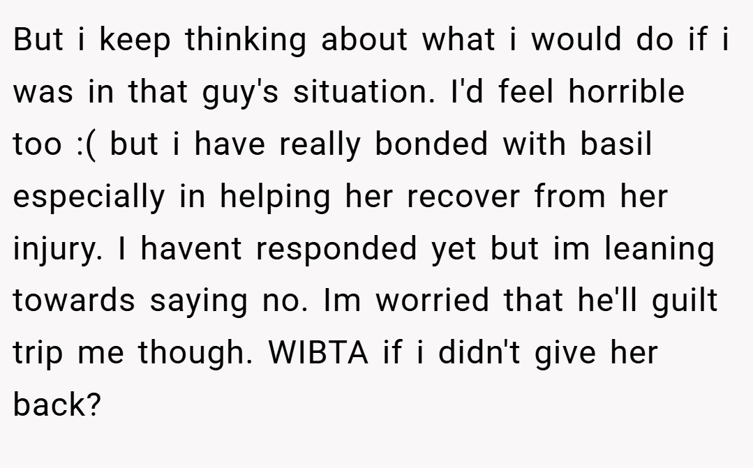But i keep thinking about what i would do if i was in that guy's situation. I'd feel horrible too :( but i have really bonded with basil especially in helping her recover from her injury. I havent responded yet but im leaning towards saying no. Im worried that he'll guilt trip me though. WIBTA if i didn't give her back?