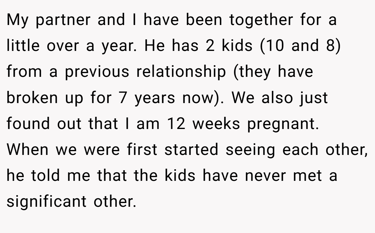 My partner and I have been together for a little over a year. He has 2 kids (10 and 8) from a previous relationship (they have broken up for 7 years now). We also just found out that I am 12 weeks pregnant. When we were first started seeing each other, he told me that the kids have never met a significant other.