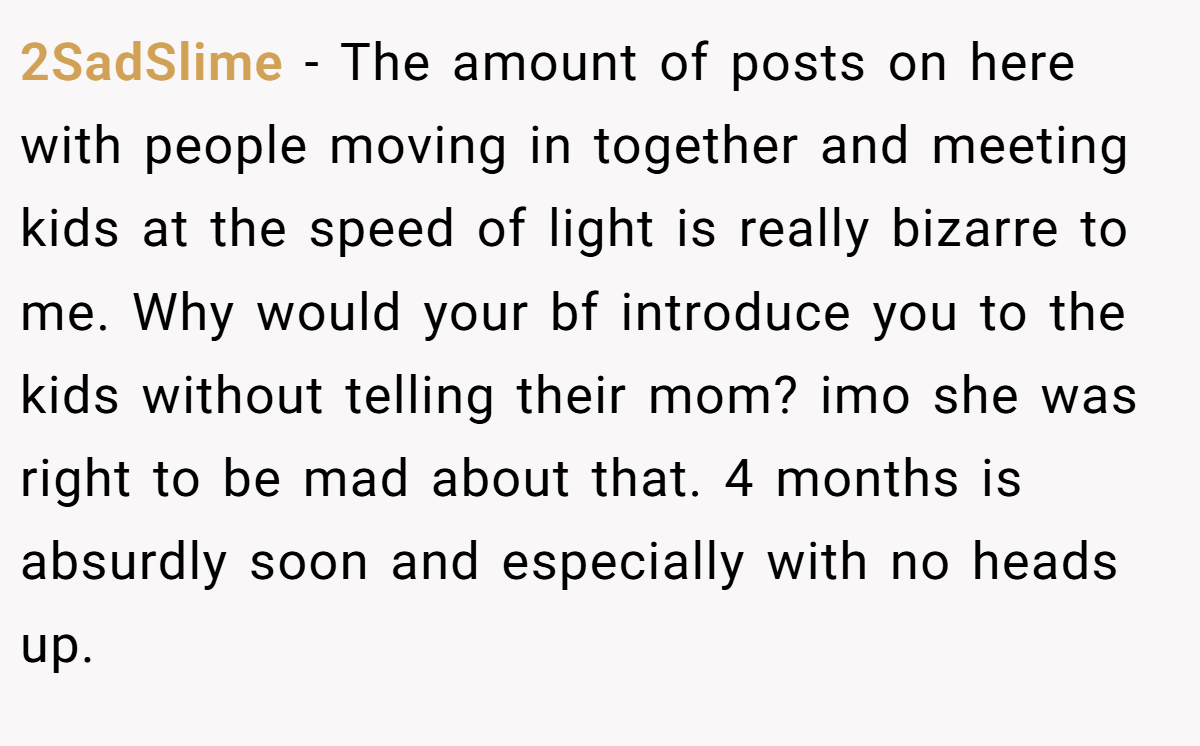 2SadSlime − The amount of posts on here with people moving in together and meeting kids at the speed of light is really bizarre to me. Why would your bf introduce you to the kids without telling their mom? imo she was right to be mad about that. 4 months is absurdly soon and especially with no heads up.