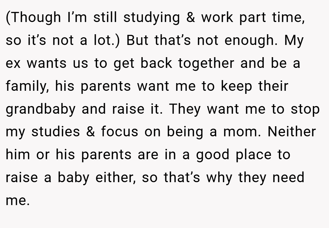 (Though I’m still studying & work part time, so it’s not a lot.) But that’s not enough. My ex wants us to get back together and be a family, his parents want me to keep their grandbaby and raise it. They want me to stop my studies & focus on being a mom. Neither him or his parents are in a good place to raise a baby either, so that’s why they need me.