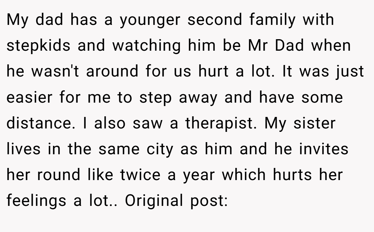 My dad has a younger second family with stepkids and watching him be Mr Dad when he wasn't around for us hurt a lot. It was just easier for me to step away and have some distance. I also saw a therapist. My sister lives in the same city as him and he invites her round like twice a year which hurts her feelings a lot.. Original post: