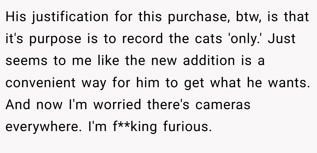 His justification for this purchase, btw, is that it's purpose is to record the cats 'only.' Just seems to me like the new addition is a convenient way for him to get what he wants. And now I'm worried there's cameras everywhere. I'm f**king furious.