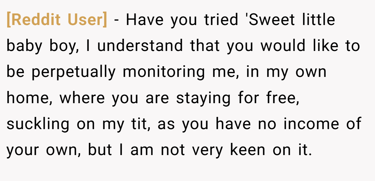 [Reddit User] − Have you tried 'Sweet little baby boy, I understand that you would like to be perpetually monitoring me, in my own home, where you are staying for free, suckling on my tit, as you have no income of your own, but I am not very keen on it.